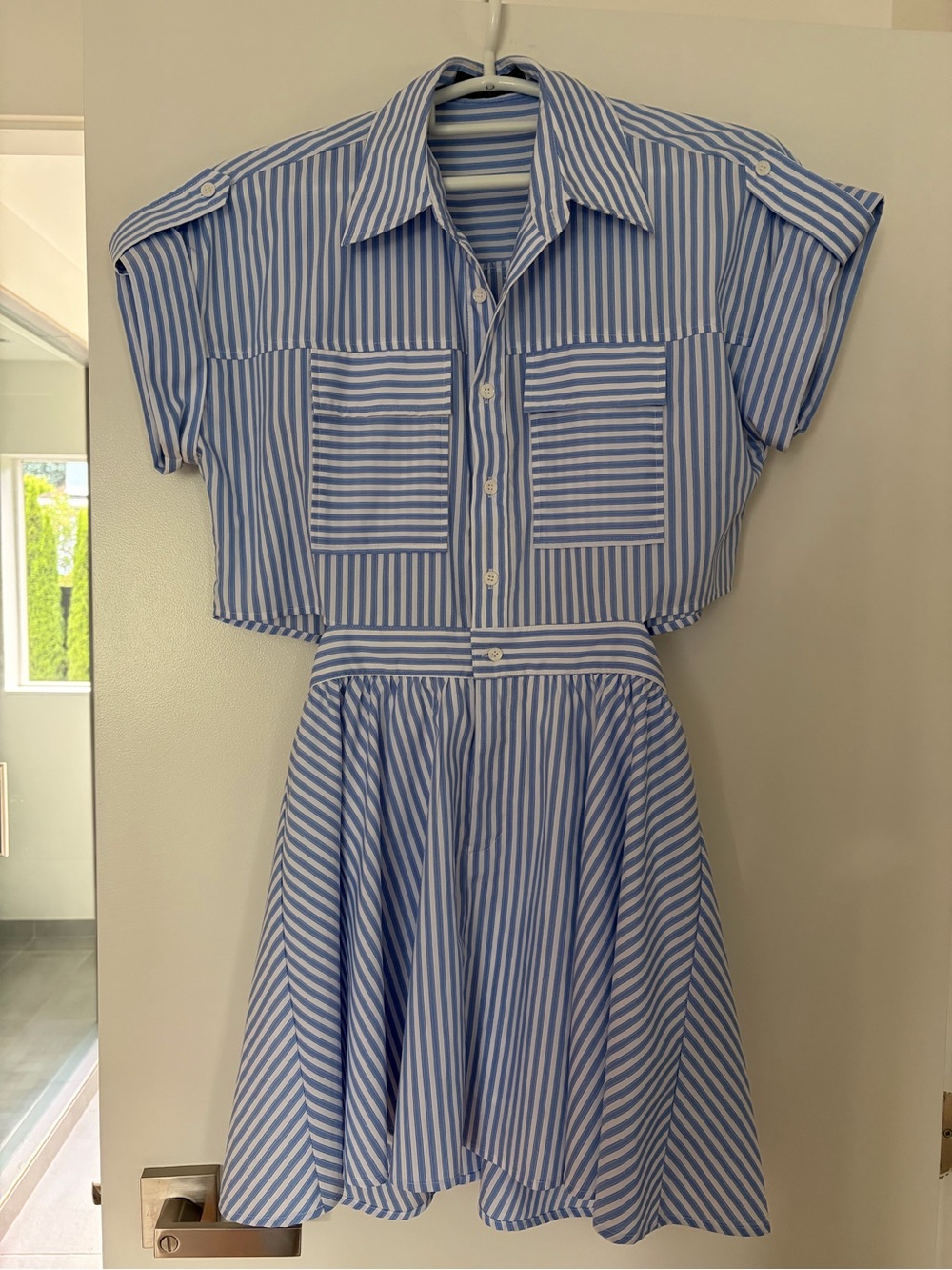 Blue and White Striped Mini Shirt Dress